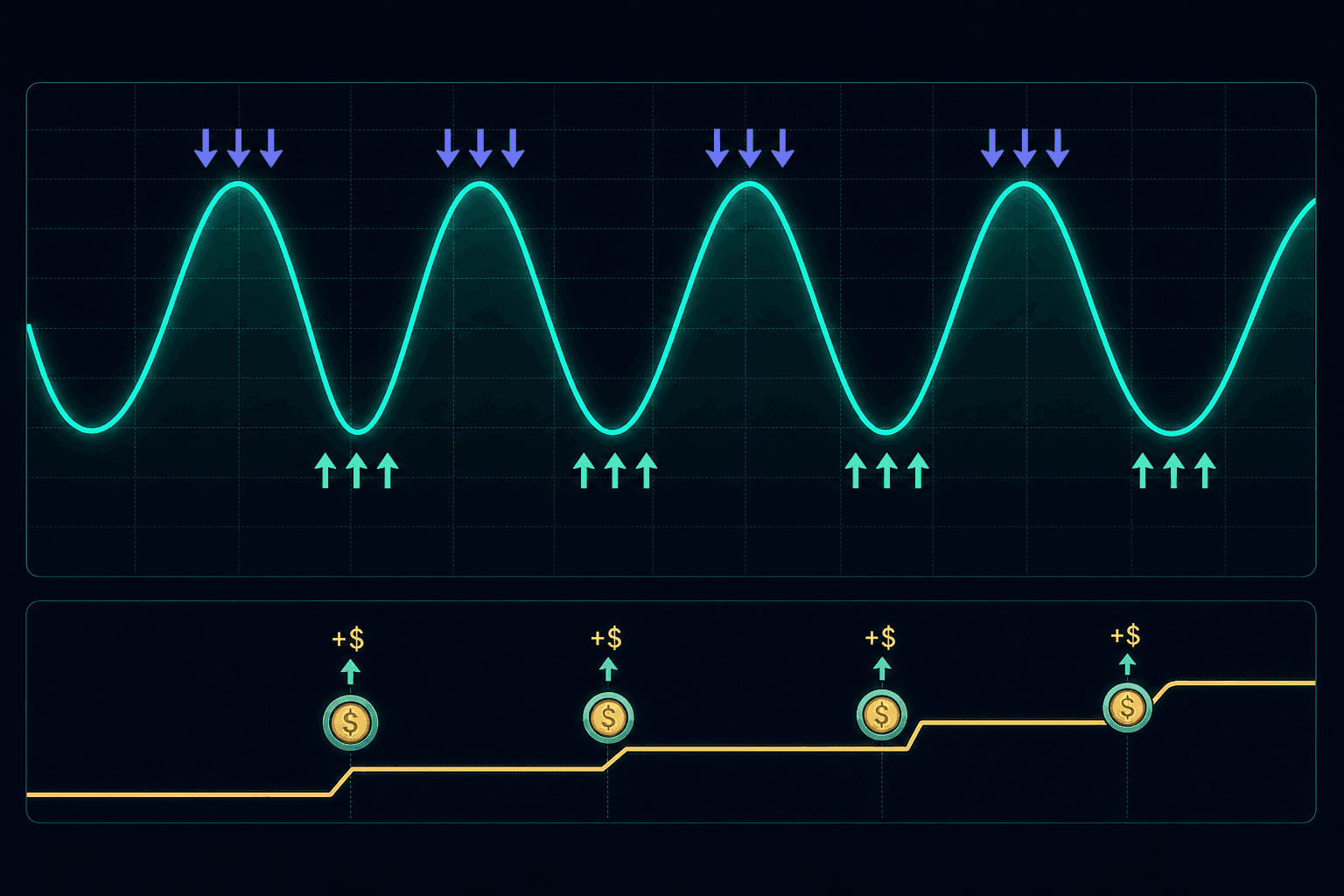 Conceptual diagram: price oscillates across grid levels with buy and sell fills, while a separate lane below shows accumulating dividend distributions